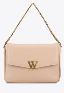 Damska crossbody ze skóry z dekoracyjnym zapięciem beżowa><noscript><img width=