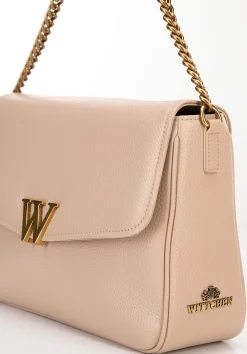 Damska crossbody ze skóry z dekoracyjnym zapięciem beżowa><noscript><img width=