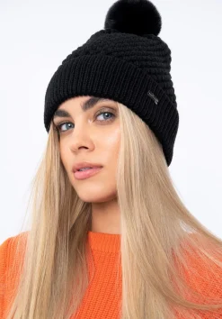 Damska czapka o splocie bąbelkowym z pomponem czarna>WITTCHEN Fashion