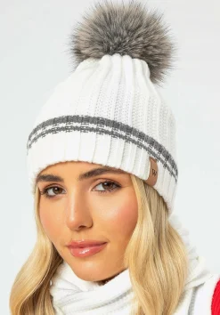 Damska czapka ze wzorem w paski i pomponem biała>WITTCHEN Fashion