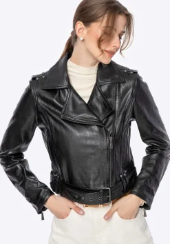 Damska kurtka biker ze skóry czarna><noscript><img width=