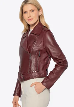 Damska kurtka biker ze skóry bordowa><noscript><img width=