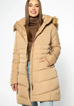 Damska kurtka puchowa pikowana z kapturem złota>WITTCHEN Fashion