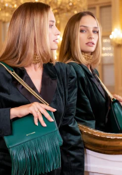 Damska listonoszka skórzana z frędzlami zielona><noscript><img width=
