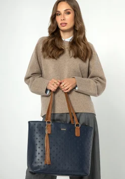Damska shopperka w drobny monogram granatowo - brązowa><noscript><img data-lazyloaded=
