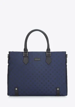 Damska torba na laptopa 12” z żakardu z opaskami ze skóry granatowa>WITTCHEN Discount