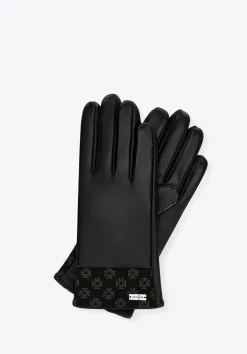 Damskie rękawiczki skórzane z monogramem na brzegu czarne>WITTCHEN Fashion