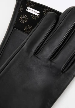 Damskie rękawiczki skórzane z monogramem na brzegu czarne><noscript><img width=