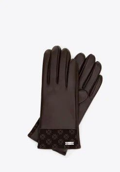 Damskie rękawiczki skórzane z monogramem na brzegu brązowe>WITTCHEN Outlet