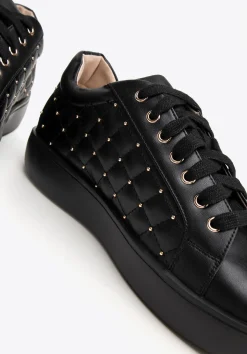 Damskie sneakersy skórzane z pikowaną cholewką czarne><noscript><img data-lazyloaded=