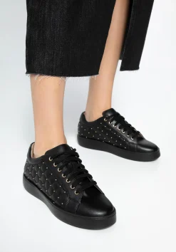 Damskie sneakersy skórzane z pikowaną cholewką czarne><noscript><img data-lazyloaded=