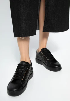Damskie sneakersy skórzane z pikowaną cholewką czarne><noscript><img data-lazyloaded=