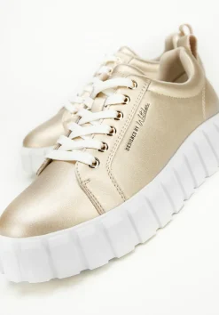 Damskie sneakersy skórzane na grubej platformie złote><noscript><img data-lazyloaded=