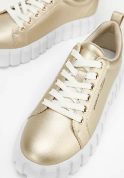 Damskie sneakersy skórzane na grubej platformie złote><noscript><img data-lazyloaded=