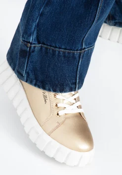 Damskie sneakersy skórzane na grubej platformie złote><noscript><img data-lazyloaded=