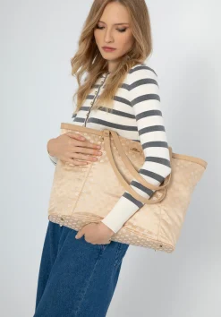 Torebka shopperka żakardowa w monogram kremowa><noscript><img width=