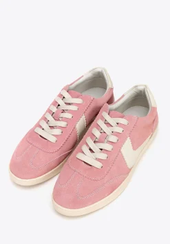 Zamszowe sneakersy z kontrastowymi wstawkami z ekoskóry różowo - białe><noscript><img width=