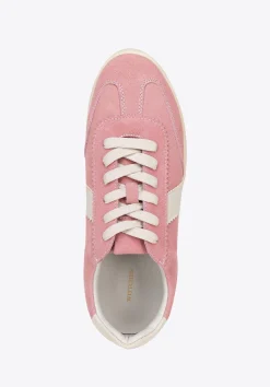 Zamszowe sneakersy z kontrastowymi wstawkami z ekoskóry różowo - białe><noscript><img width=