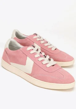 Zamszowe sneakersy z kontrastowymi wstawkami z ekoskóry różowo - białe><noscript><img width=